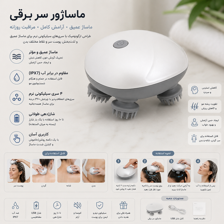 ماساژور هوشمند پوست و مو سر اورجینال شارژی مدل 1451 Smart Scalp Massager